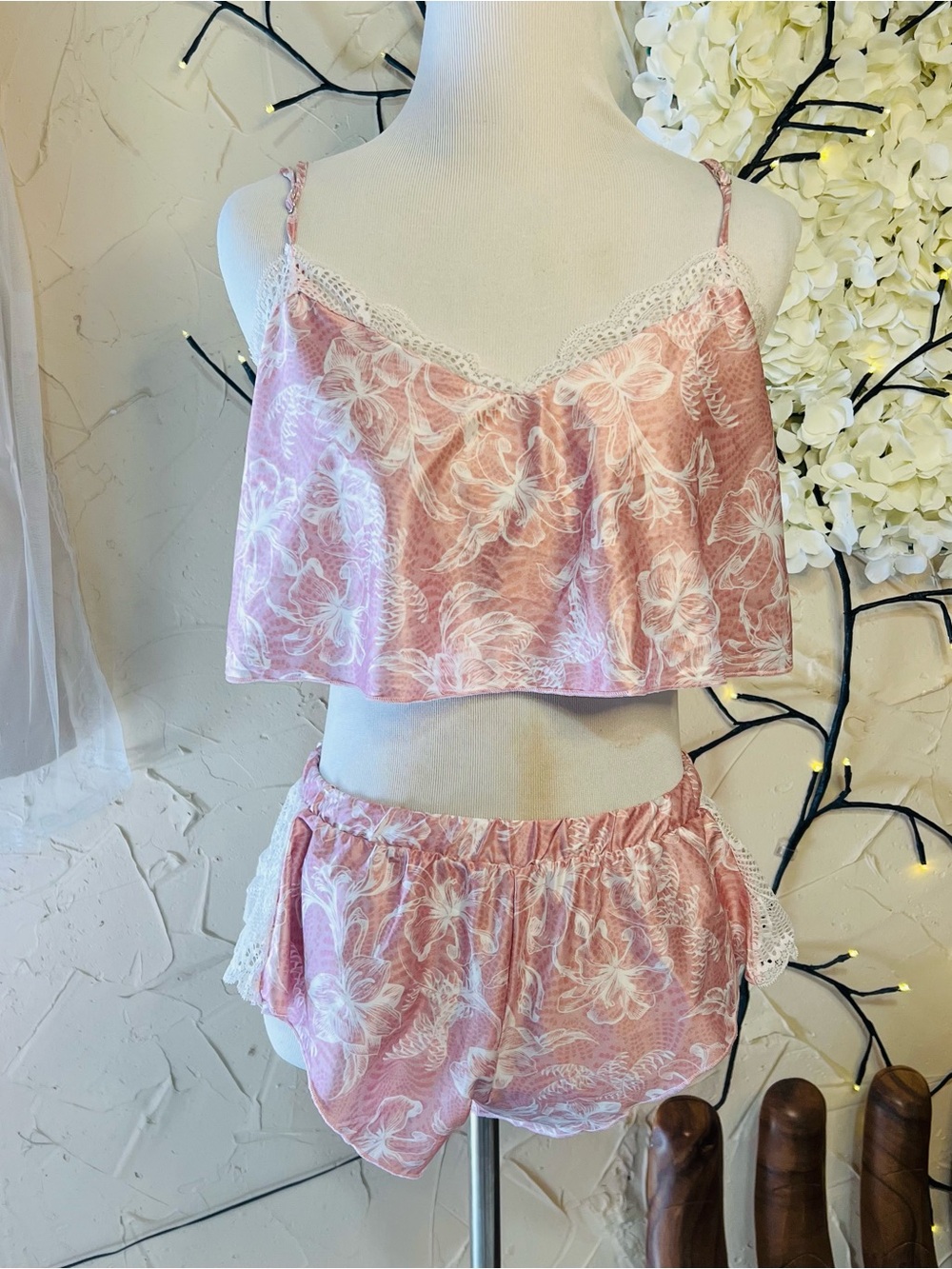 Yandy Pink Floral Satin Lace-Trim Camisole & Shorts Set